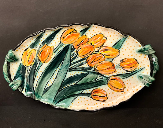 Oval Handled Tray with Orange Tulips