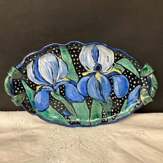 Oval Handled Tray with Blue irises