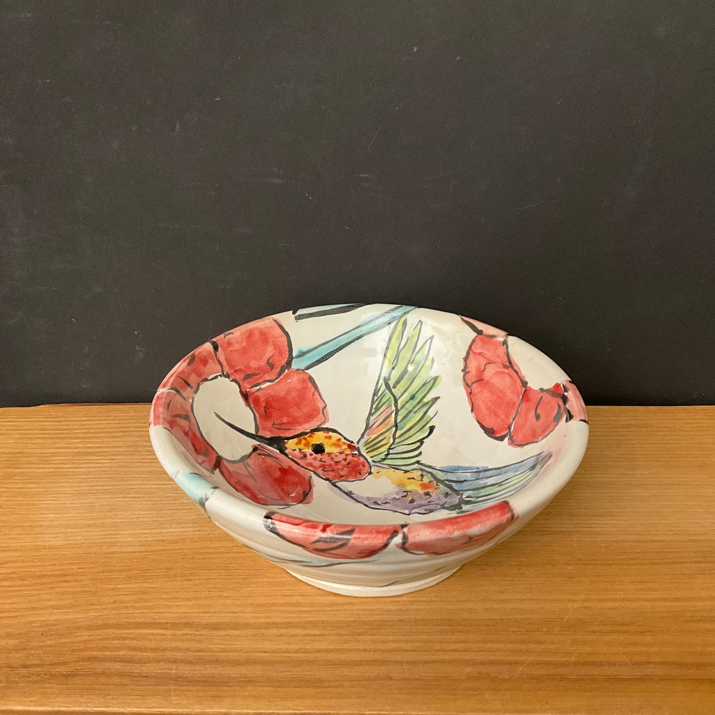 Petite Bowl with Hummingbird and Red Flowers