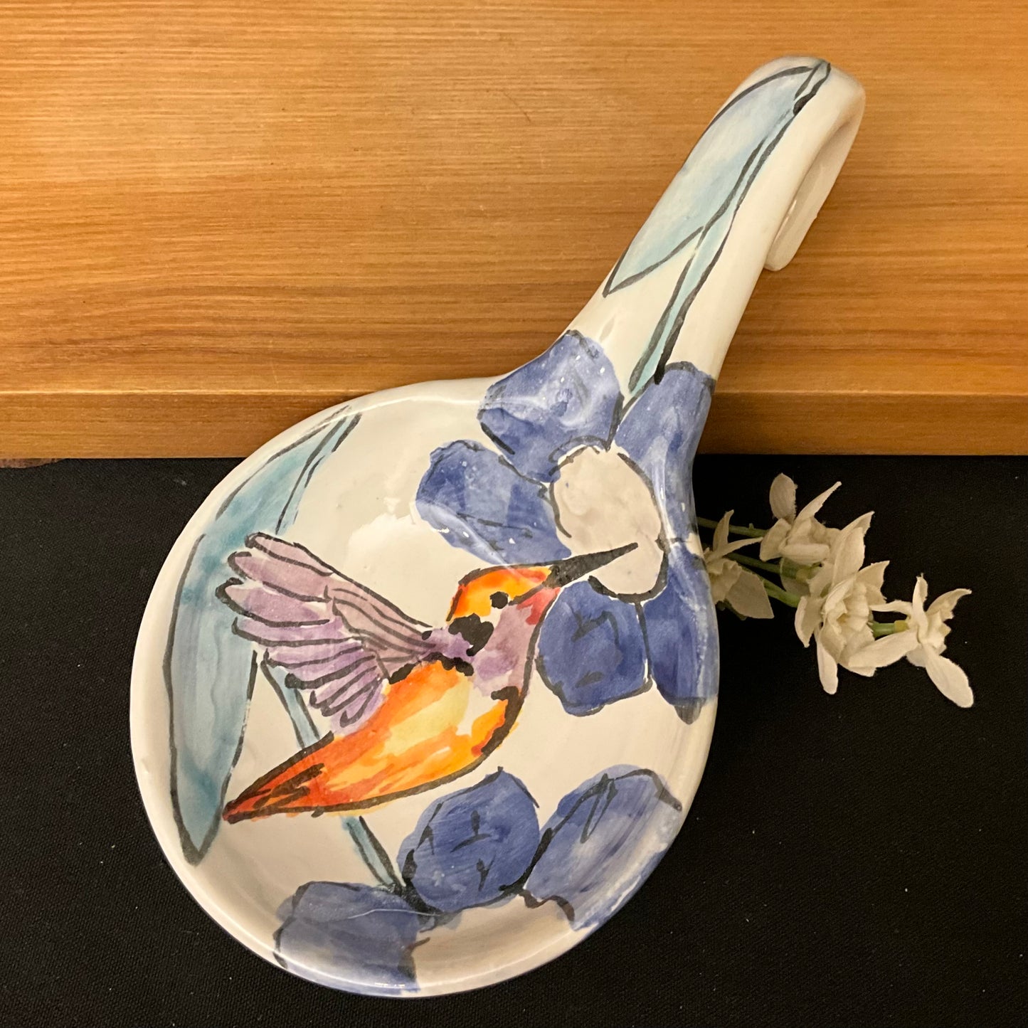 Spoon Rest Hummingbird with Blue Flowers