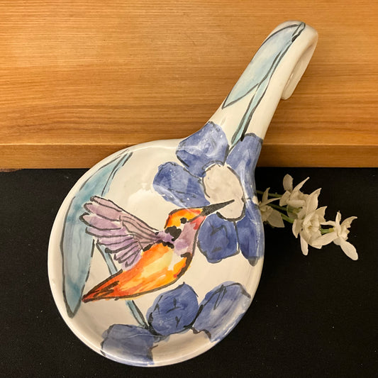 Spoon Rest Hummingbird with Blue Flowers