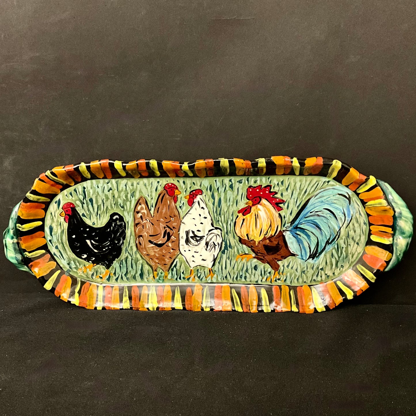Narrow Tray with Rooster and 3 Hens