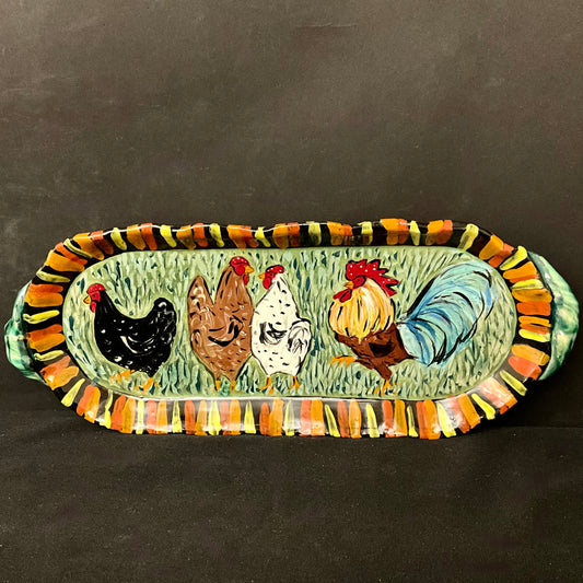 Narrow Tray with Rooster and 3 Hens