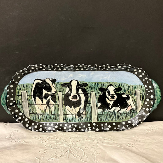Narrow Tray with 3 Holsteins by a Fence