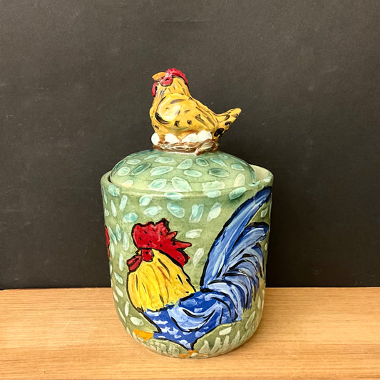 Lidded Jar Green with Roosters, Hens and Hen Finial