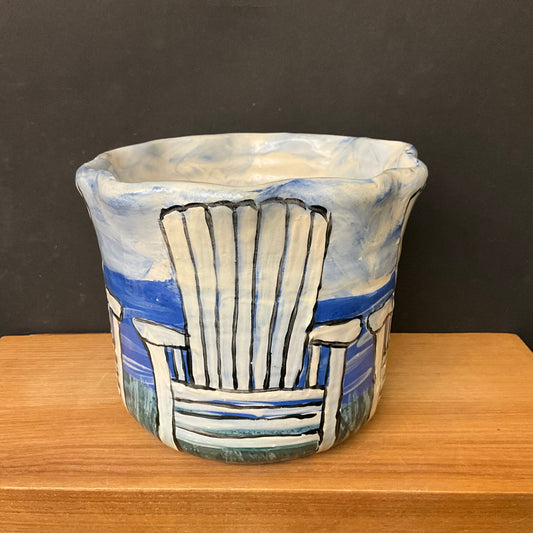 Blue Crock with White Adirondack Chairs and Fluted Rim