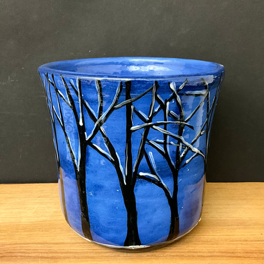 Deep Blue Crock with Winter Trees