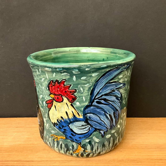 Green Crock with Rooster and Hens