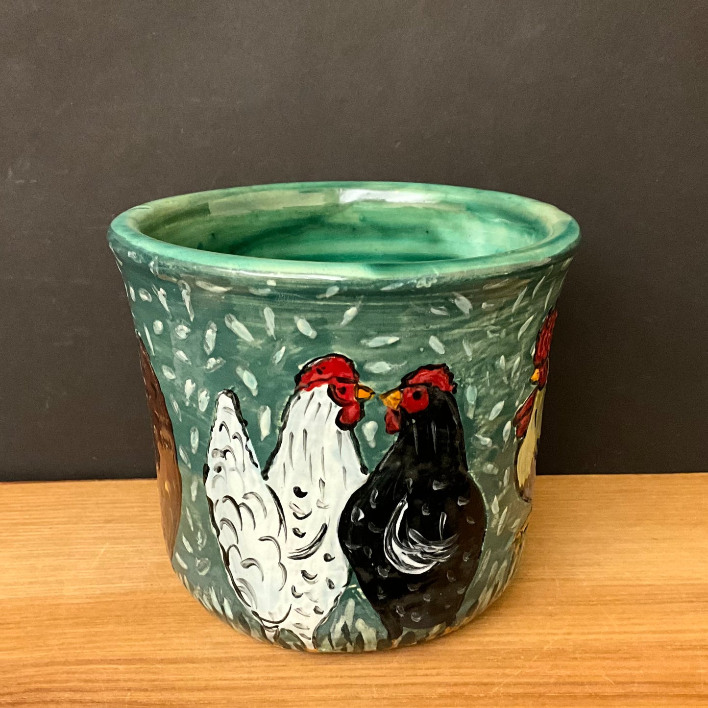 Green Crock with Rooster and Hens