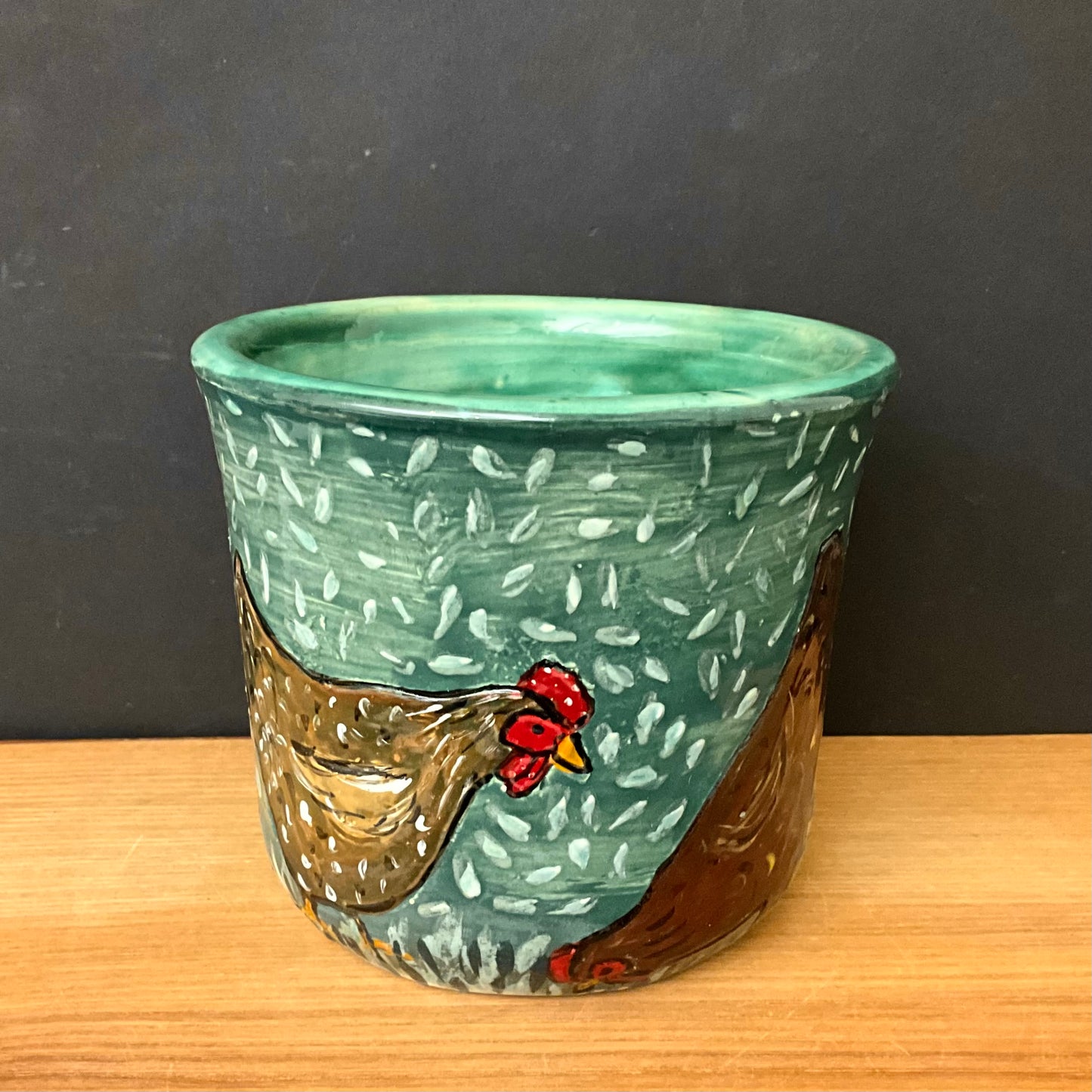 Green Crock with Rooster and Hens