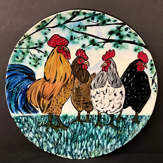Large Plate with Rooster and 3 Hens