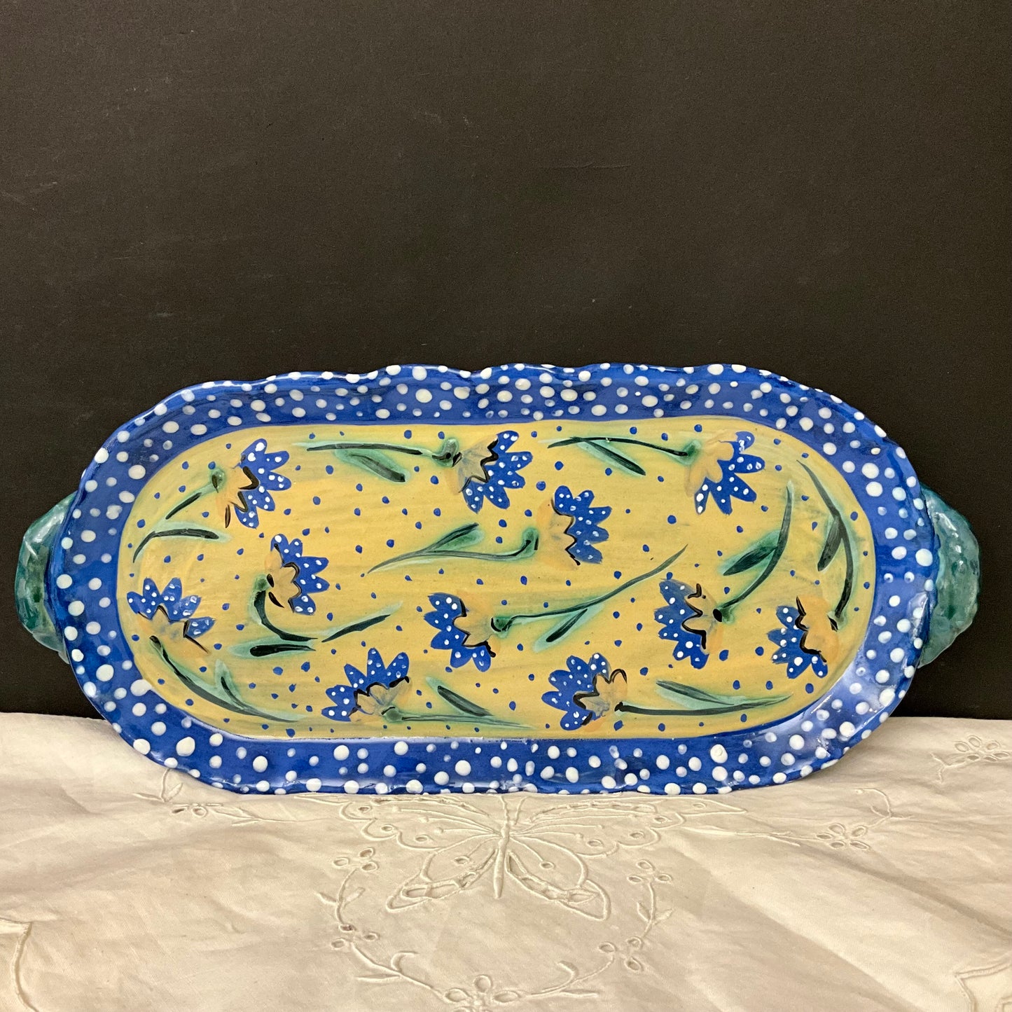 Handled Tray Yellow with French Blue Flowers and Border