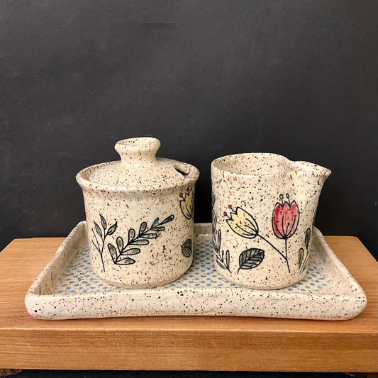 Floral Cream and Sugar set w/ Blue Polka Dot Tray