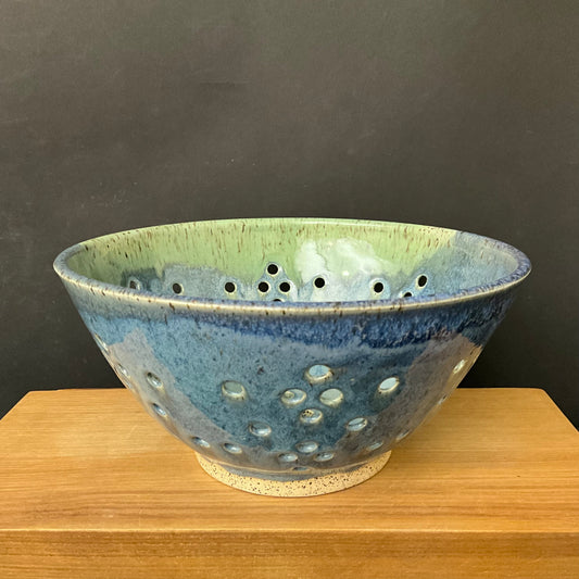Small Colander in Blue w/ Green Rim