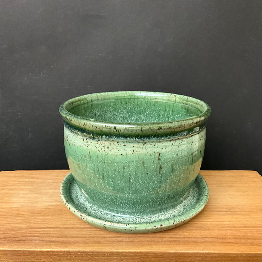 Medium Planter in Speckled Green with Attached Plate