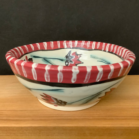 Small Bowl White w Red Flowers & Striped Trim