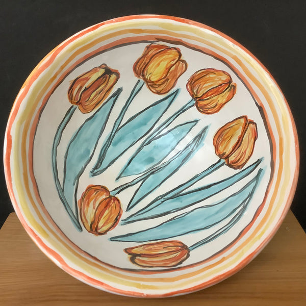Bowl with Yellow Orange Tulips & Orange Rim
