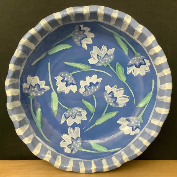 Brilliant Blue Pie Plate w Pale Flowers