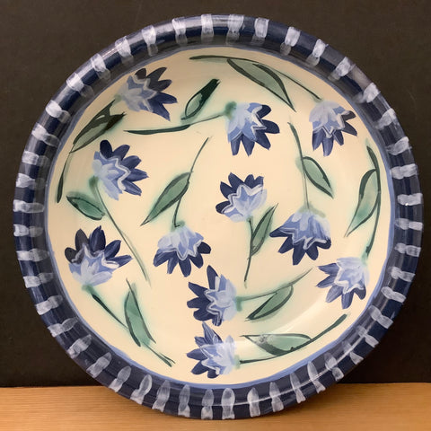 White Pie Plate w Blue Flowers & Navy Trim