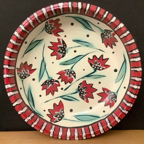 White Pie Plate w Red Flowers & Striped Trim