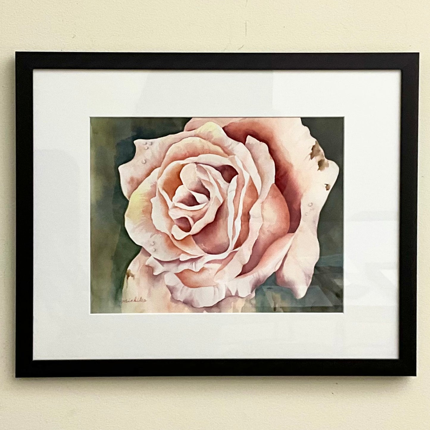 “Tea Rose”, Framed Original Watercolor