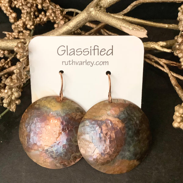 Flame Copper Hammered Disc Earrings