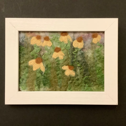 “Yellow Cone Flowers” Hand Felted Framed Art