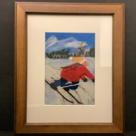 Skier in Red Jacket Framed Felted Art