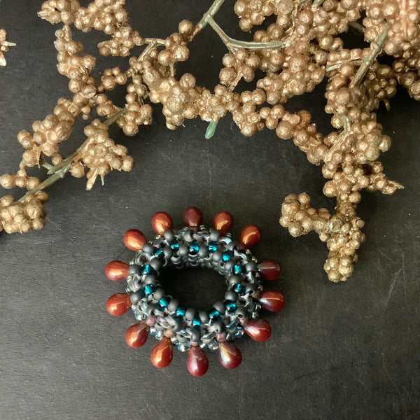 Beaded Bead Teal, Gray, Brown Droplets