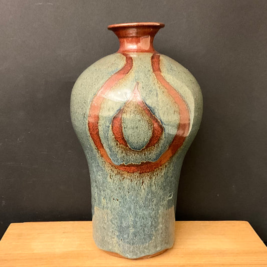 Tall Vase in Blue with Brown Design Details