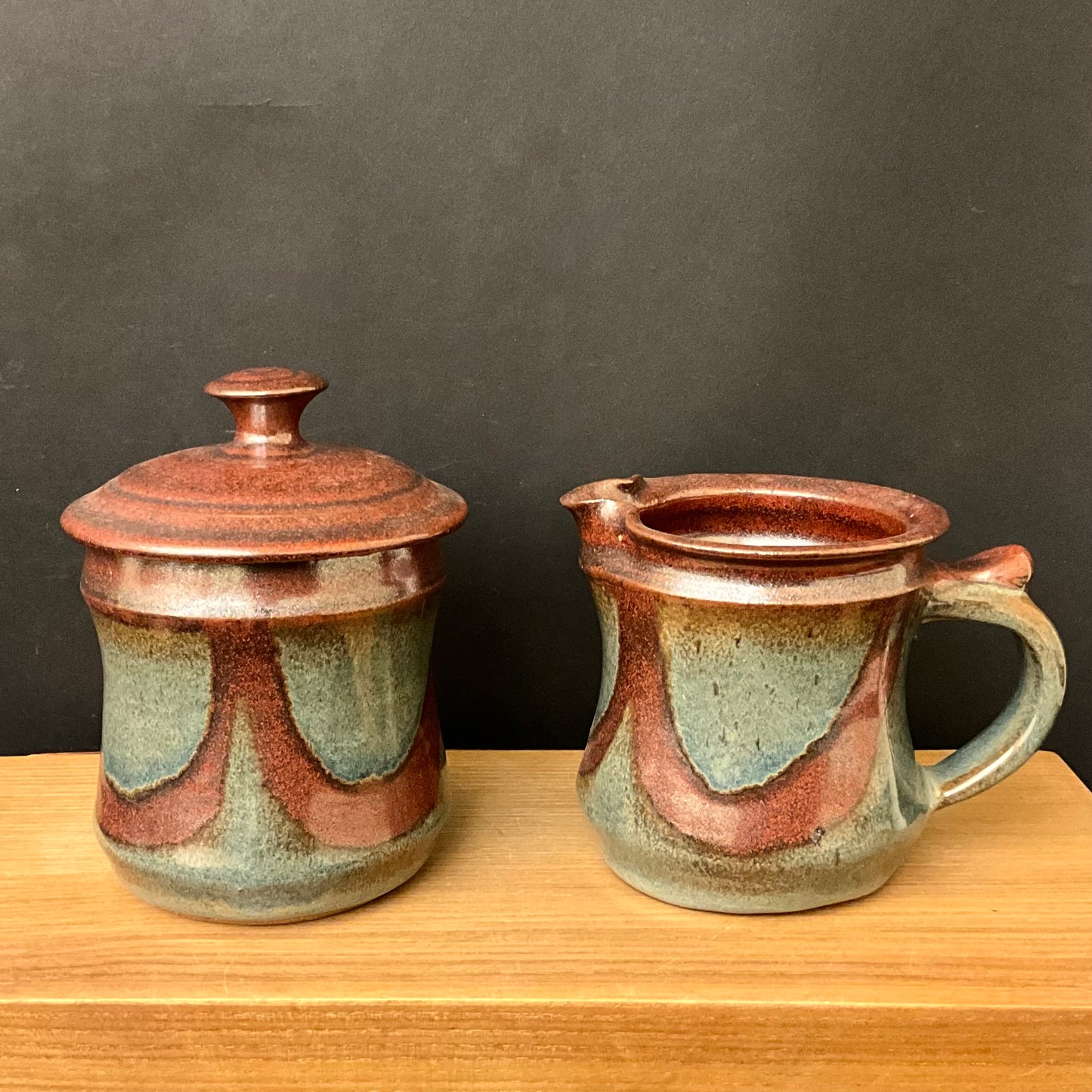 Sugar and Creamer Set in Blue with Brown Design Details