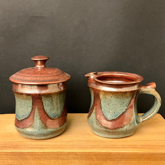 Sugar and Creamer Set in Blue with Brown Design Details