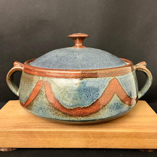 Covered Casserole in Blue with Brown Design Details