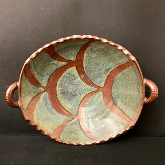 Oval Handled Tray in Blue with Brown Design Details