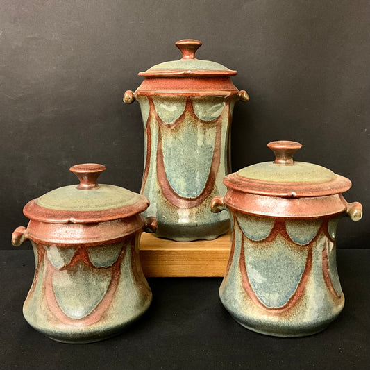 Canister Set in Blue with Brown Design Details