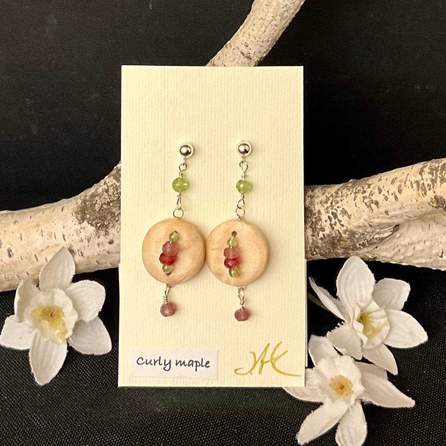 Curly Maple with Peridot and Spinell Beads Earrings #305