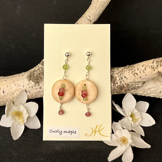 Curly Maple with Peridot and Spinell Beads Earrings #305