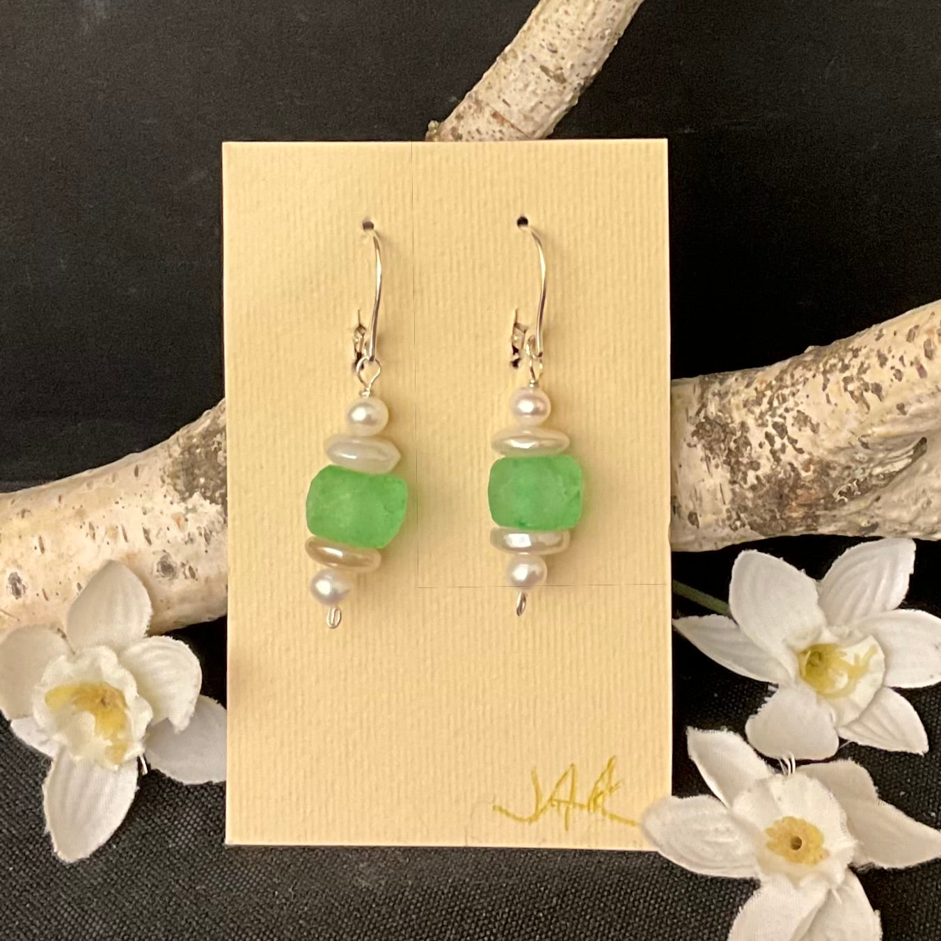 Green Beach Glass with Freshwater Pearl Beads Earrings #300