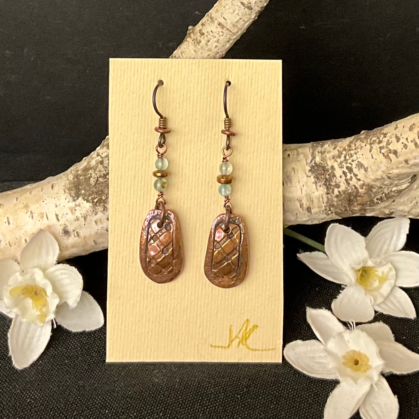 Basketweave Copper  with Aquamarine and Copper Beads Earring #309