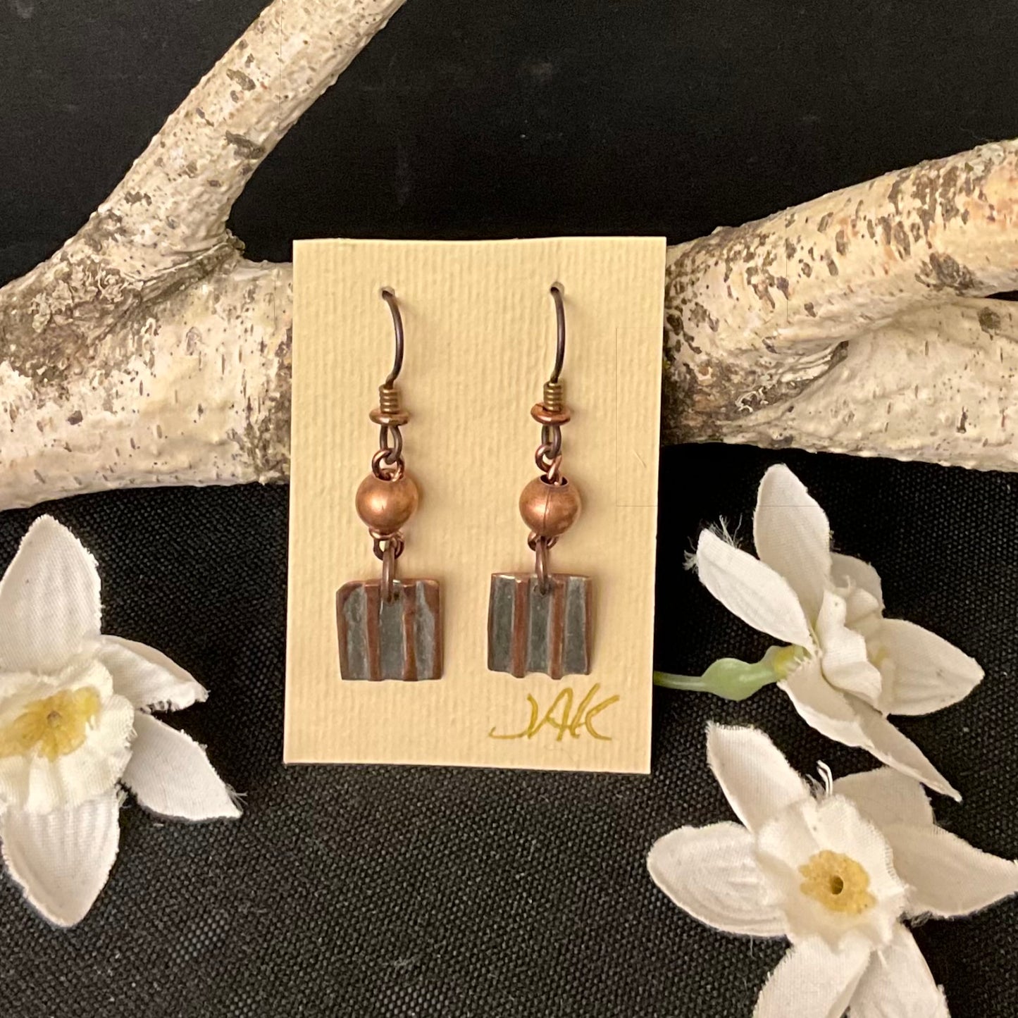 Copper ribbed with Silver Inlay and CopperBeads Earring #313