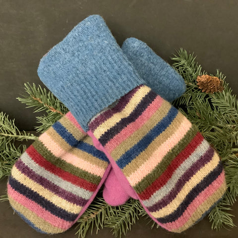 “Upcycled" Wool Sweater Mittens Striped Design Blue Cuff