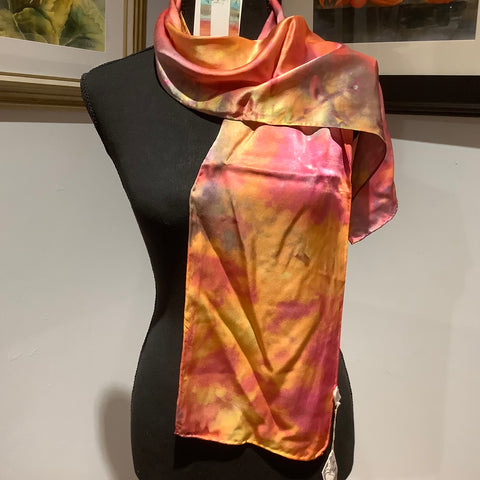 Ice Dyed Silk Satin Scarf Pink Coral Gold