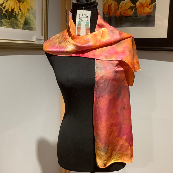 Narrow Ice Dyed Silk Satin Scarf Orange Pink