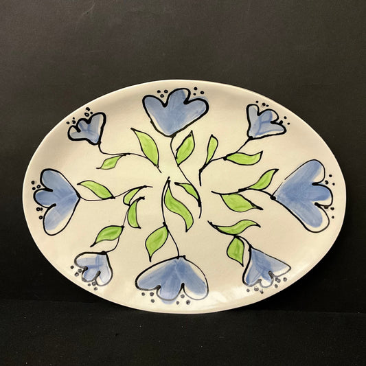 Large Oval Platter with Whimsical Pale Blue Flowers