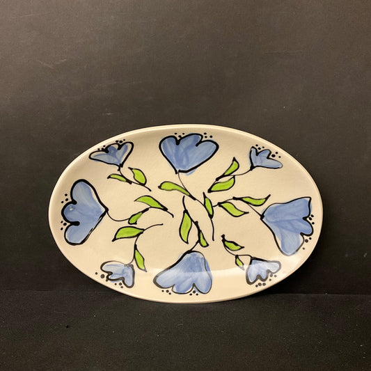 Small Oval Platter with Whimsical Pale Blue Flowers