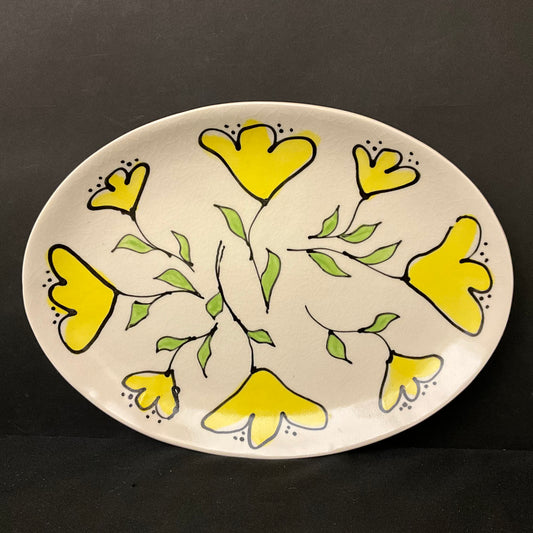Large Oval Platter with Whimsical Yellow Flowers
