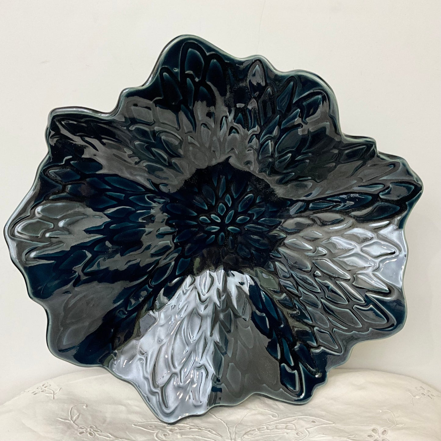 Large Embossed Flower Shaped Bowl in Midnight Blue