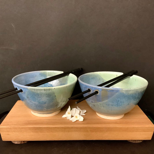 Set of Two Rice Bowls in Frosted Blue And Celadon Glaze with Chopsticks