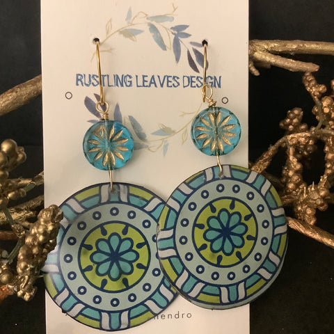Large Disc Earrings “Tile” Design in Blue & Green