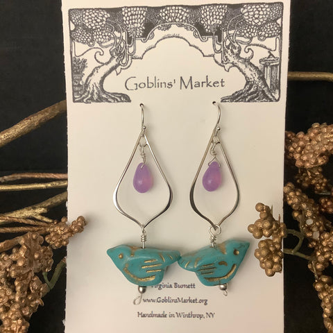 Blue Lilac Bird Teardrop earrings